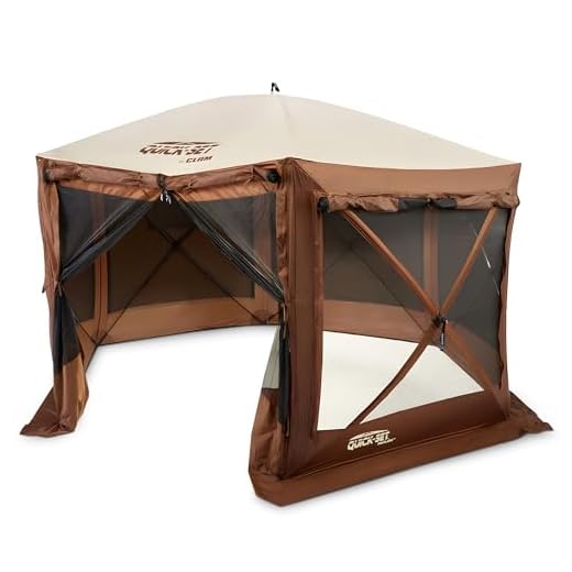 CLAM Quick-Set Pavilion 12.5 x 12.5 Foot Portable Pop-Up Outdoor Camping Gazebo Screen Tent 6 Sided Canopy Shelter w/Ground Stakes & Carry Bag, Brown