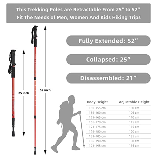 Image of Aihoye Metal Hiking Trekking Poles, 2 Pack Collapsible Lightweight Anti-Shock Walking Sticks, Adjustable for Men and Women (Red)