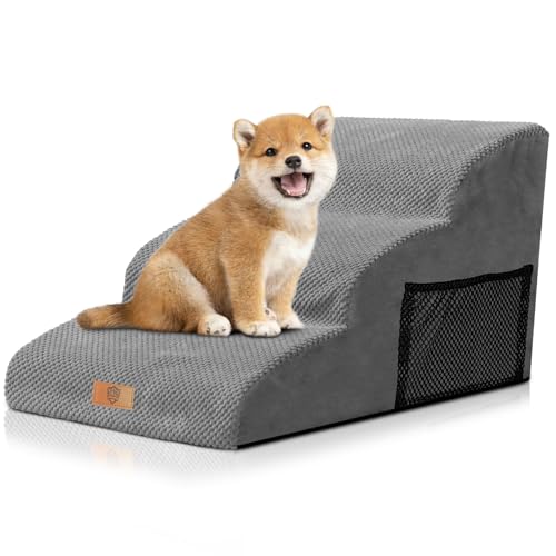 ZNM 犬 階段 ステップ ドッグステップ ペットステップ 3段 犬用踏み台 スロープ 滑り止め 高密度スポンジ安定性よい 取り外し可能カバー 洗濯便利 耐荷重22KG 小型犬 老犬介護 ケガ防止 グレー