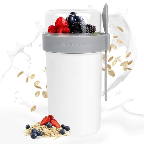 Aurasky Tasse yaourts avec Couvercle, Bol muesli a emporter, Pot Yaourt Compartiments Séparés, Tasses à Salade pour Les Enfants et Les employés de Bureau 230ml+760ml Blanc
