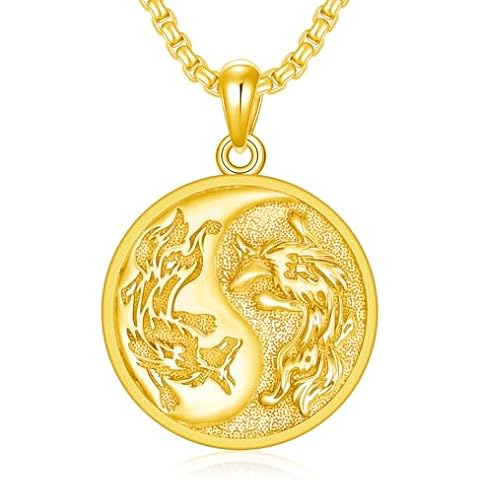 SIMONLY Gold Wolf Necklace 925 Sterling Silver Witcher Medallion Yin Yang Necklace Wolf Jewelry Christmas Birthday Gifts for Men Women Unisex Cover