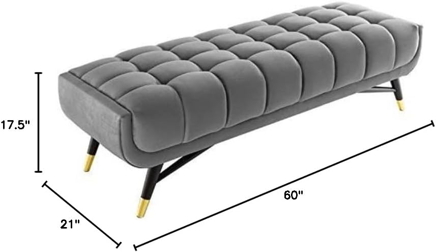 Pemberly Row 60" Modern Performance Velvet Tufted Bench, Gray Upholstery, Birchwood Frame with Gold Metal Accents, Dense Foam Padding, Chic Living Room or Apartment Seating