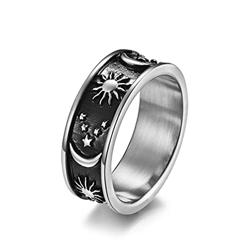 EZSONA 8mm Retro Vintage Sun Moon Star Statement Ring Stainless Steel Boho Promise Jewelry for Women Men, Black Size 10