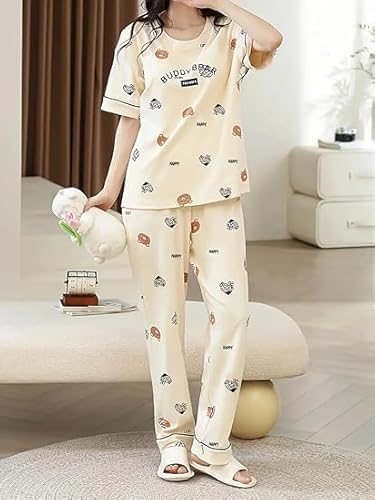 Image of Women's Pajama Set with Top & Pants|| Korean Night Wear|| Loose Fit Home Wear || Lightweight Printed Set || Soft & Comfy Girls & Women