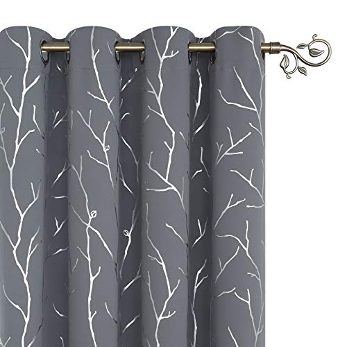 BUHUA Grommet Curtains Noise Reducing Silver Foil Print Blackout Curtains for Kids Room Light Gray 52W×72L Inch 2 Panels
