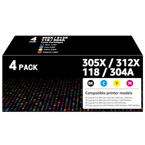 305X Toner Cartridge 4-Piece Combo Pack Replacement for HP 305A 305X CE410A CE411A CE412A CE413A Toner for HP Laserjet Pro 400 Color MFP M451nw M451dn M451dw M475dw M475dn Pro 300 MFP Laser Printer