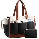 LOVEVOOK Tote Bag for Women, Puffer Laptop Handbag Work Purse 15.6 Inch for Teacher Nurse, Large Quilted Travel Tote Shoulder Bag with Zipper for College Office Clinical Gym, Cream-Black-Brown