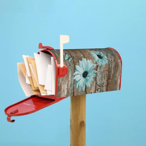 Image of Rustic Daisy Board Mailbox Cover Magnetic, Teal Sunflowers Vintage Wood Grain Plank Mailbox Wrap Letter Post Box Cover for Yard Garden Outside Home Decor, Large Size 25.5x21 Inch