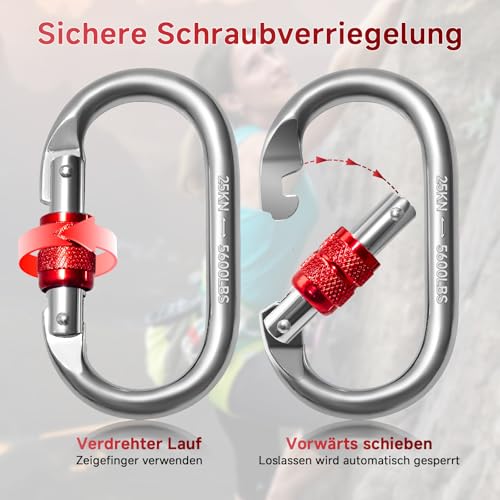 Vipuikos 2 Stück Karabinerhaken 25KN Schwerlast, O-förmiger Karabiner Groß, Sicherheitskarabiner aus Edelstahl, 2500 Kg Belastbarkeit, für Yoga, Hängematten, Camping, Schaukel, Klettern, Absei