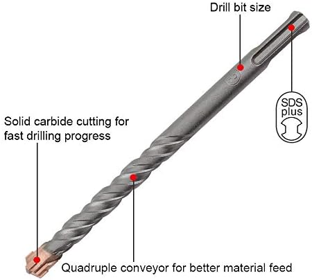 Hammer Drill Bit Set, 5PCS (6mm~14mm) Cross Drill Bits SDS-Plus Electric Hammer Impact Drill Bit for Drill Holes in Concrete, Ceramic Tile, Stone, Metal, Plastic & Multi-Layer Materials (5PCS/16CM)