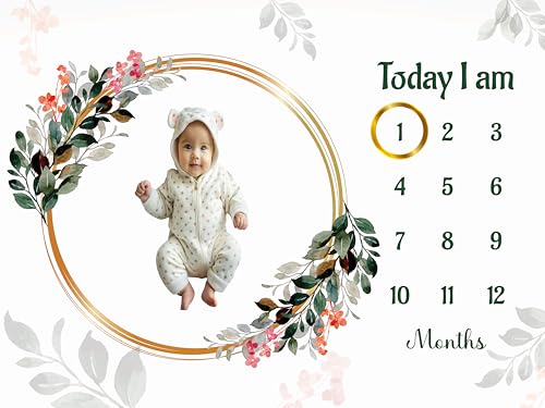 Image of Baby Monthly Milestone Blanket | 1-12 Months | Soft All-Season AC Blanket | Ideal for Newborn Boys & Girls | Perfect Growth Tracker & Photoshoot Prop with Decorative Floral | 120x90 cm