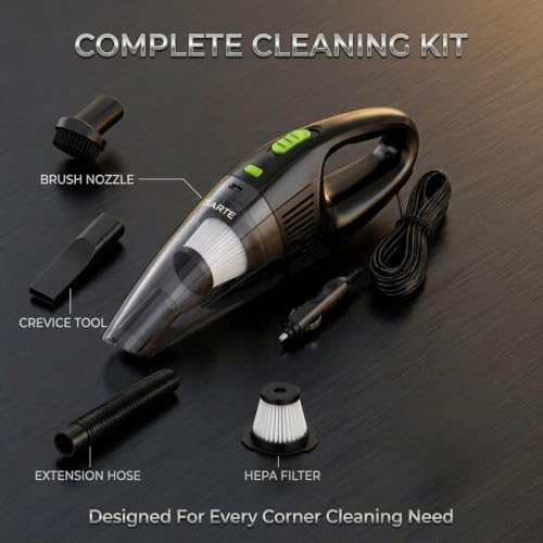 Image of SARTE Car Vacuum Cleaner 6000Pa High Suction, Wet & Dry 2-in-1, 12V DC Portable Handheld Vacuum Cleaner with HEPA Filter, Long Power Cord, Brush & Crevice Nozzle for Car Interior, Seats & Dashboard