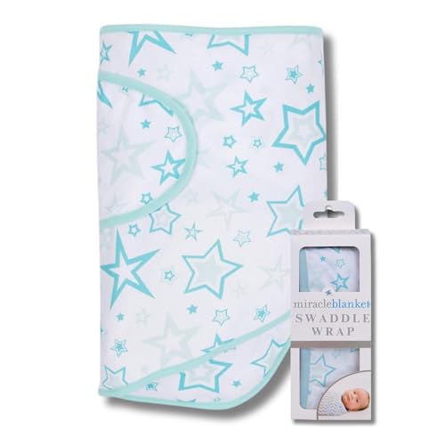 Image of Miracle Blanket Swaddle Wrap - Help Your Newborn Sleep Longer - Soft & Secure Sleep Sack for Infants - Easy-to-Use Swaddling Blanket for a Calm Baby (Aqua Stars)