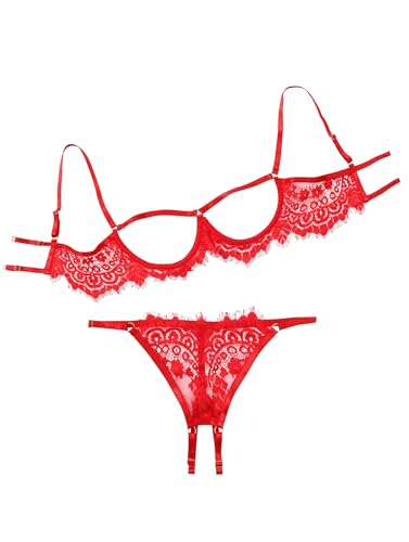 Image of Lilosy Sexy Underwire Floral Lace Sheer Lingerie Set for Women See Through Bra and Panty 2 Piece
