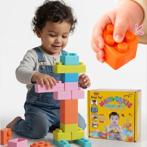 Image of Big Mega Sized Super Soft Teethable Building Blocks, Easy-to-Hold Kids Toy, BPA-Free, Multi-Colored Toys Building and Construction Block Set Teething Toys (28 Count (Multi-Size))