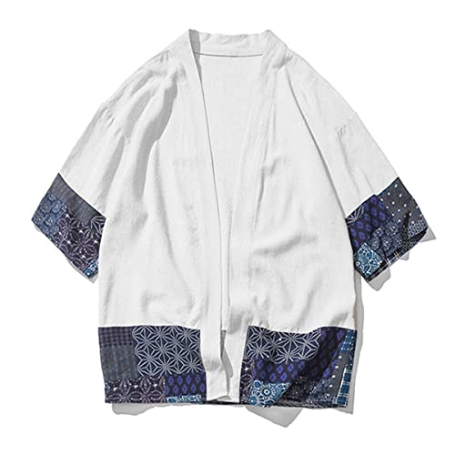 perdontoo Men's Casual Cotton Kimono Lightweight Open Front Cardigan (Large, White)