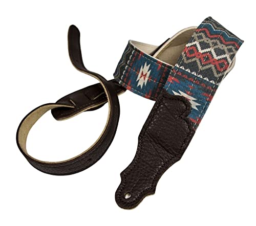 Franklin Strap - 2" Old Aztec - Guitar Strap - Blue/Red Combination With Chocolate End Tab #TOP16