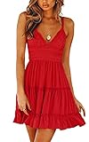ECOWISH Summer Dresses for Women 2025 V-Neck Spaghetti Strap Bowknot Backless Sleeveless Lace Mini Swing Skater Dress Red X-Large