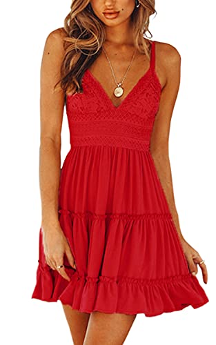 Image of ECOWISH Summer Dresses for Women 2026 V-Neck Spaghetti Strap Bowknot Backless Sleeveless Lace Mini Swing Skater Dress