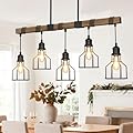 5-Light Dining Room Light Fixture, 63" Adjustable Height Pendant Lights Kitchen Island Black Metal & Rustic Wood Modern Linear Ceiling Chandeliers Over Table with E26 Base for Farmhouse Bar