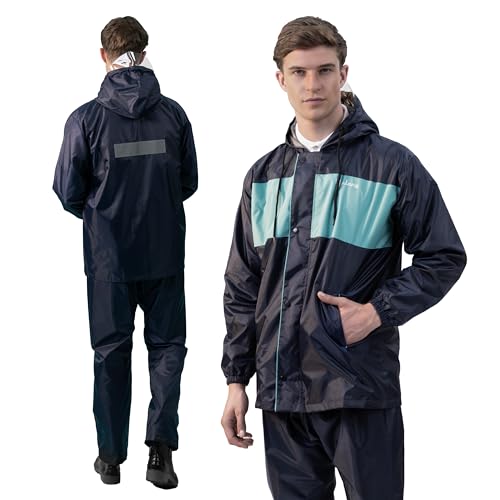 Lifelong Men's Raincoat Set | Waterproof Polyester Double-Coated Reversible Rain Suit | Hooded Jacket with Inner Mobile Pocket & Pants | Standard Length for Hiking,Camping XL Navy Blue with Aqua Green