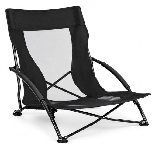 T-LOVENDO.ES Silla Plegable Baja de Playa y Camping/Portátil y Compacta/Respaldo Transpirable/Reposabrazos Acolchados/Estructura de Acero Robusta/Patas Antideslizantes/hasta 150 kg