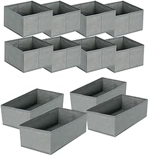 ZENO 12-Pieces Underwear Drawer Organiser Divider | Foldable Wardrobe Storage Organiser | Fabric Drawer Dividers Clothes Storage Boxes for Bras, Baby Clothes, Socks, Ties | Grey