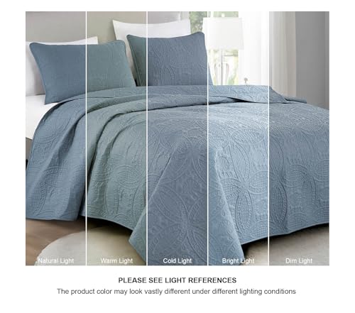 Image of Chezmoi Collection Austin Queen Oversized Bedspread Set, 3-Piece Pinsonic Quilted Lightweight Microfiber Bedspread Coverlet, Grayish Blue