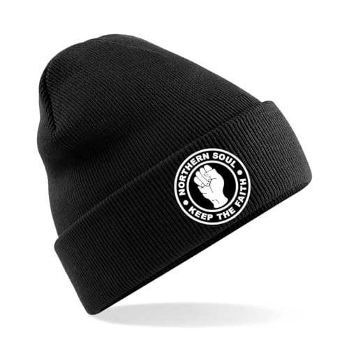 Apm Apparel Northern Soul Keep The Faith Embroidered Beanie Hat - Beanie Bob Hat Embroidery (UK, Alpha, One Size, Black)