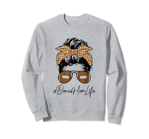 Football Bonus Mom Life With Leopard and Messy Bun Player Sweatshirt