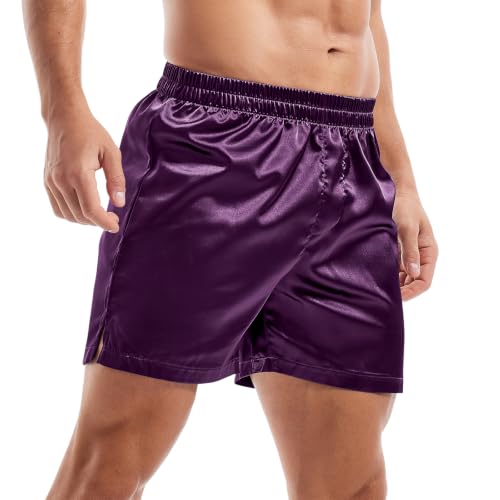 Image of AMY COULEE Mens Satin Boxer Shorts Silky Lightweight Pajama Bottoms Split Side Lounge Sleep Shorts