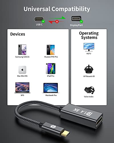 Silkland Adaptador USB C a DisplayPort 1.4, DP 1.4 [8K@60Hz, 4K@144Hz/120Hz, 2K@240Hz, 32.4Gbps] Adaptador 8K Thunderbolt 4/3 a DisplayPort 1.4 para MacBook Pro 2021, Mac Mini M1, iPad Pro, XPS 15/13