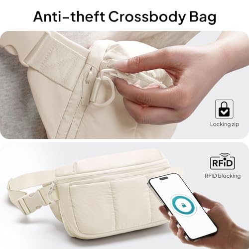 Image of TOPEAST Waist Pack 3.5L Fanny Packs with Water Bottle Holder, Large Capacity Travel Belt Purse Anti-Theft RFID Blocking, Beige Fluffy Crossbody Sling Bag for Hiking Walking