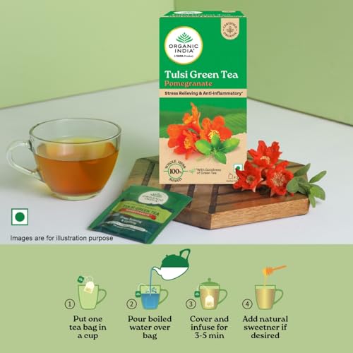 Image of A TATA Product - Organic India Tulsi Green Tea Pomegranate - 25 Tea Bags, Certified Organic, Stress Relief, Rich in Antioxidant, Tulsi & Pomegranate Infusion