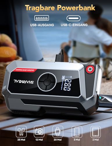 SHARMEAL 8000A Starthilfe Powerbank mit Kompressor 250PSI für Alle Benzin und 12.0L Dieselmotor, Starthilfe Powerbank Eingang/Ausgang und 800LUM LED-Licht mit LCD-Bildschirm