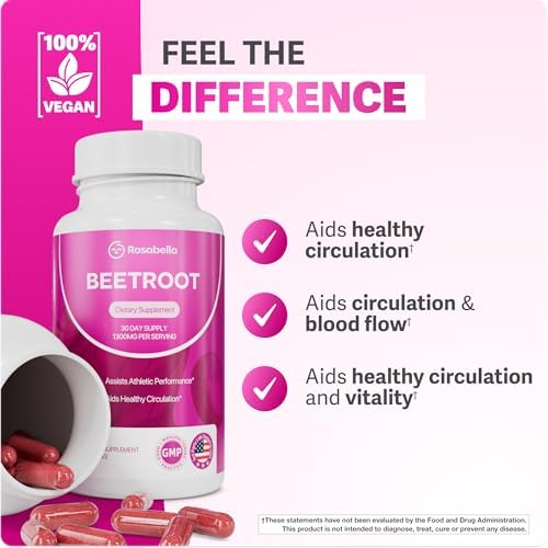 Rosabella Organic Beet Root Capsules - 1300mg Beet Root Powder Aids Healthy Circulation & Vitality, Non-GMO, Beet Root Supplement - 60 Capsules, 30-Day Supply - 4