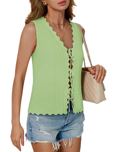 Image of COCCKO Womens Summer Tops Vacation Beach Outfits Cute Tie Front Crochet Vest Knit Sleeveless Sweaters