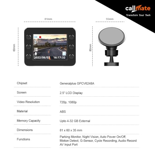 Image of CALLMATE Roadrunner Full HD 1080p Car Dashboard Camera, 2.5 inch LCD Display with AV Port for Parking Monitor (G-Sensor & Motion Detection) Upto 32GB External Memory Capacity (Black, Suction Lock)