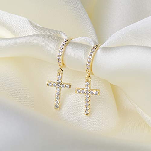 Lavla Silver/Gold Cross Hoop Earrings - 14K Gold Plated Cubic Zirconia Pave Small Hoop Earrings With Dangle Cross For Women Men (Gold/Clear Cz) #TOP3