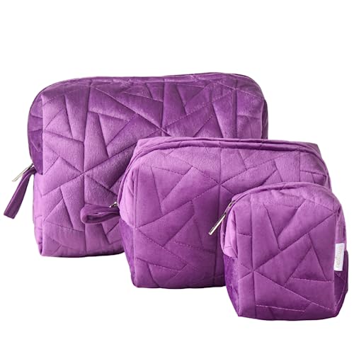 Nestasia Makeup Pouch, Organizer, Kit – Purple | Perfect for Makeup Brush Set, Toiletry Kit, Lipsticks, Foundation, Bathroom Accessories | Quilted Pouch for Girls of Different Sizes (Set of 3)