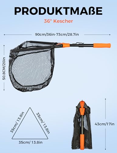 pullther Kescher Angeln, Teleskop-Kescher 67-90cm Fischschonend Gummiert Klappbarer, Korrosionsbeständiger Aluminium Angelkescher Forellenangeln (Dreieck, 90cm)