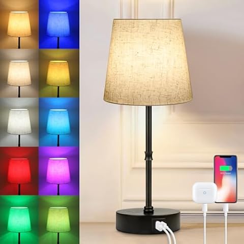 Ascher Dimmable Bedside Table Lamp with 3 Color Temperatures, RGB Color Changing Lamps, Nightstand Lamp with Dual USB Charging Ports, Touch Control Desk Lamp for Bedroom Living Room Dorm Study Office Cover
