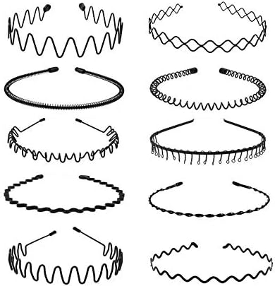 LOVINSHOW 10 Pcs Metal Headbands for Men Women, Simple Fashion Metal Spring Wavy Hair Bands Nonslip Unisex Black Headband Hair Hoods for Home, Outdoor, Sports & Yoga Use