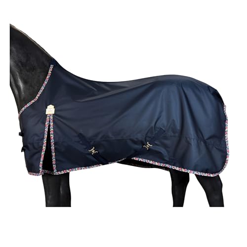 Image of BARN & STABLE 600D Ripstop Lightweight Horse Turnout Sheet No Fill,Water-Resistant & Breathable Horse Blanket for Spring and Mild Weather, with Anti-Rub Fleece Withers (Navy with Floral Trim, 69 in)