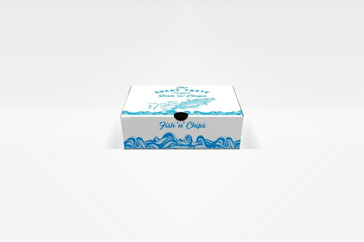 We Can Source It Ltd - Corrugated Card Fish and Chips Takeaway Small Boxes 142x160x50mm with Printed Design – Ideal for Takeout, Fast Food, Restaurants – Disposable, Sturdy and Easy to Use - 200 Boxes