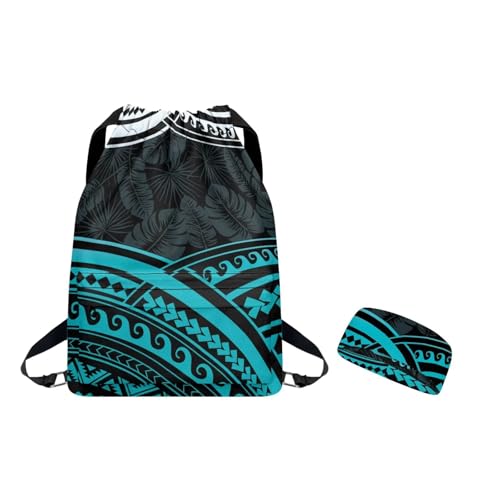 Sports Drawstring Bag and Headband Set Polynesian Texture, Lightweight GYM String Backpack with Water Bottle Holder/Side & Inner Zipper Pocket, Cinch Sackpack for Beach Pool Swim YOGA
