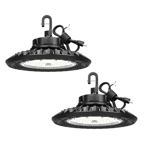 G GJIA 400W 2Packs Super Bright Led High Bay Lights, 60,000LM 100-277V, 5000K, 0-10V Dimmable UFO High Bay Led Shop Lights, US Plug 6' Cable for Shop Barn Warehouse,UL