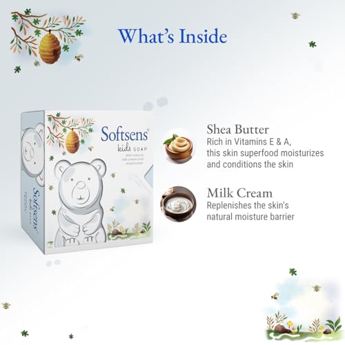 Image of Softsens Kids Soap Teddy 75g | Gentle Nourishing Care with Shea Butter & Natural Milk Cream, Dermatologist Tested Baby Soap, Moisturizing Animal Shape Bar Soap For Toddlers & Kids 2-10 Years