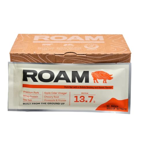 Roam Natural Protein Bars, 6 x 45gram Healthy Snacks, Ideal for Carnivore Diet, Gluten Free Keto Sticks (Sweet & Smokey Free Range Pork)