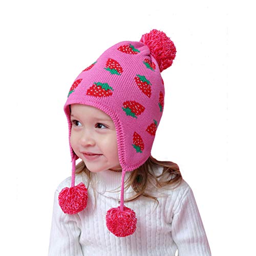 Fyant Girls Peruvian Hat Cute Strawberry Bobble Hat Toddlers Earflap Knitted Beanie Winter Pom Pom Cap